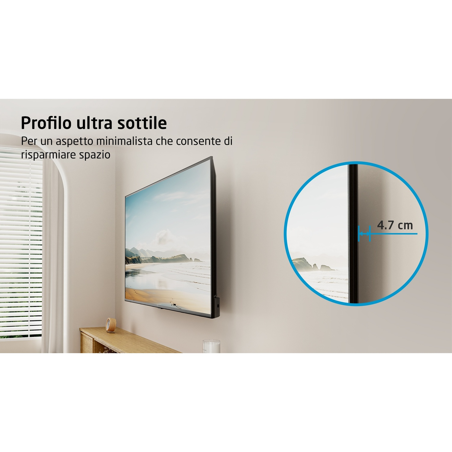 Un televisore montato a parete con un design minimalista, un cerchio evidenzia il profilo sottile.