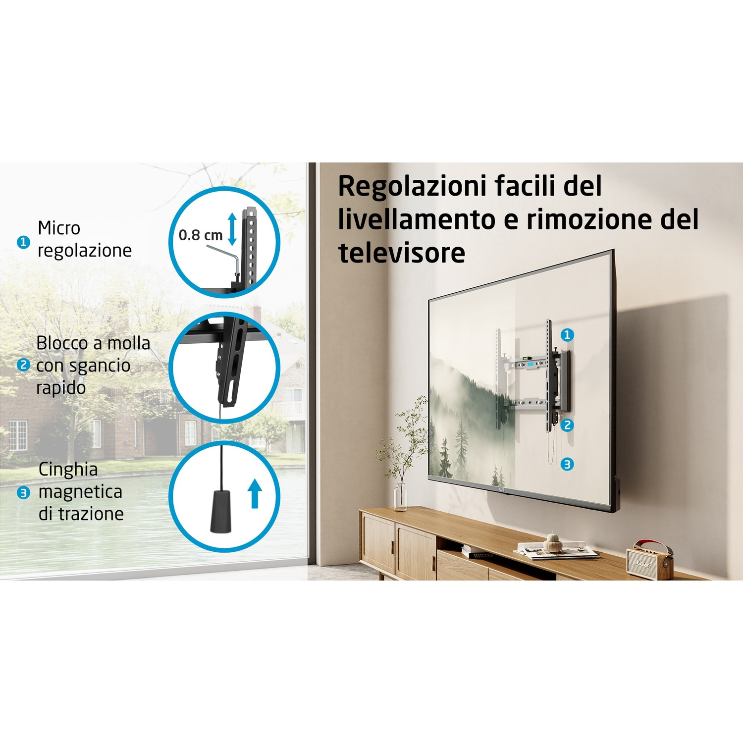Diagramma che mostra le caratteristiche del supporto TV: microregolazione, sgancio rapido.