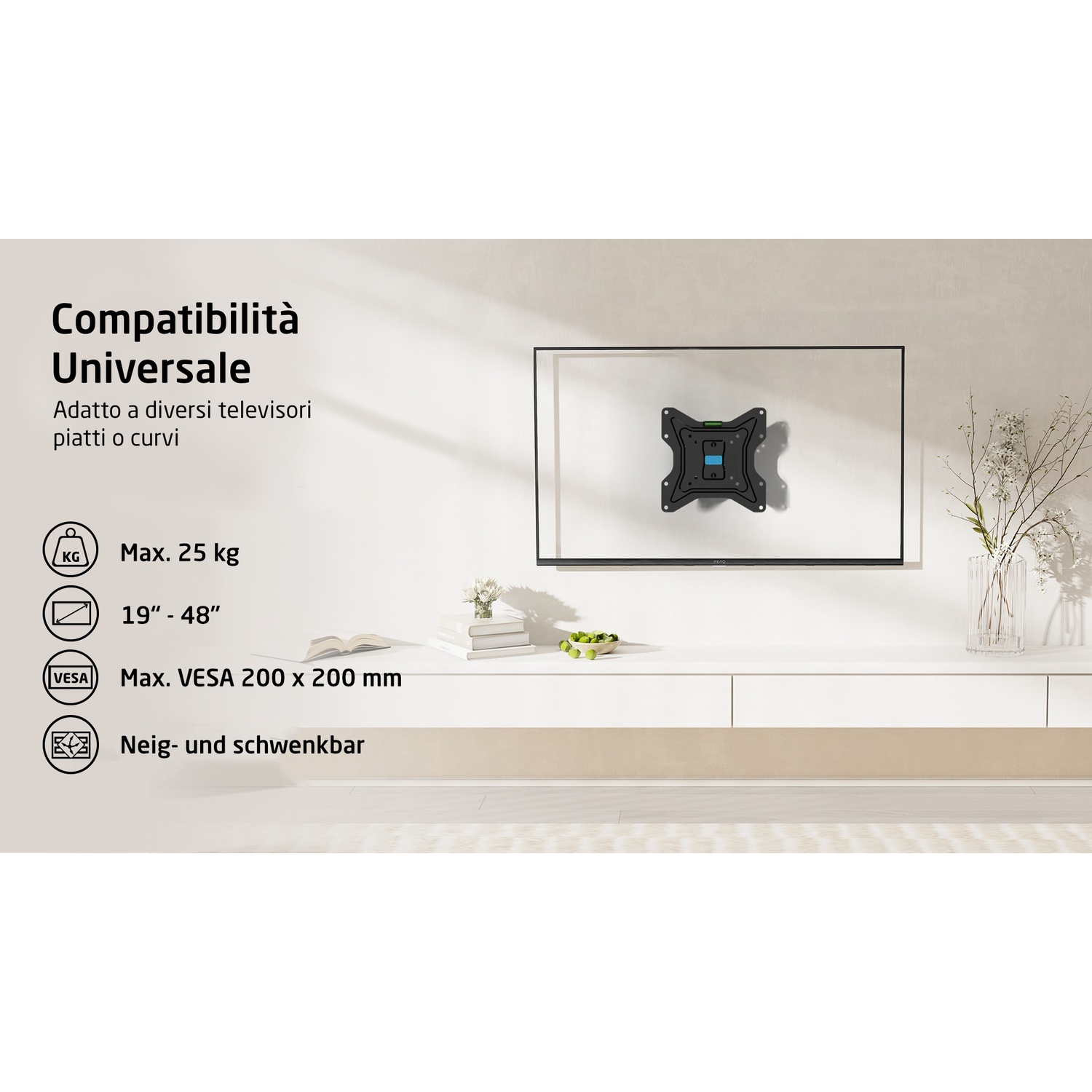 TV montata a parete con staffa, con testo sulla compatibilità universale.