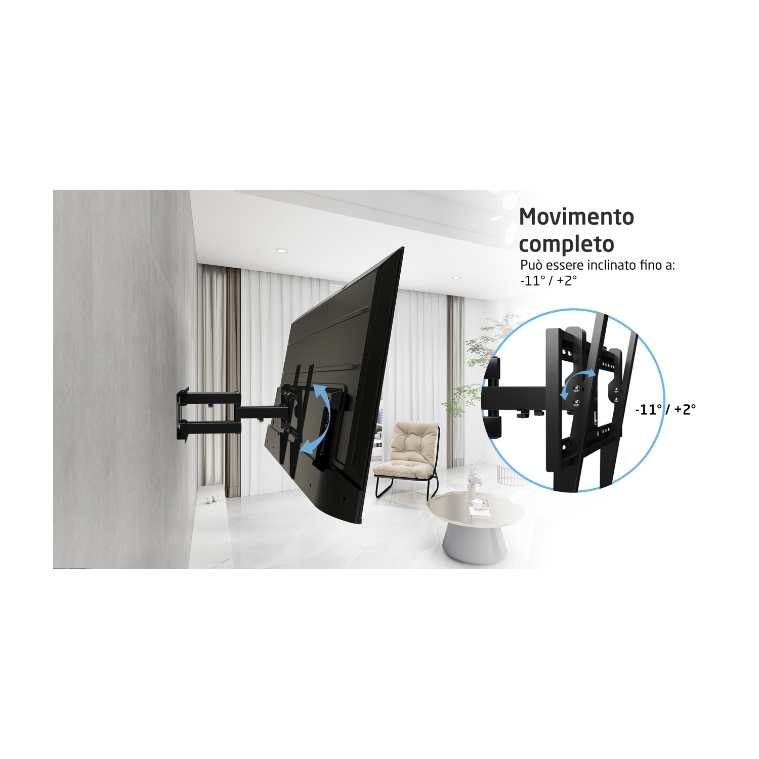 Una grande TV montata a parete con un supporto moderno e un diagramma della sua gamma di movimento.