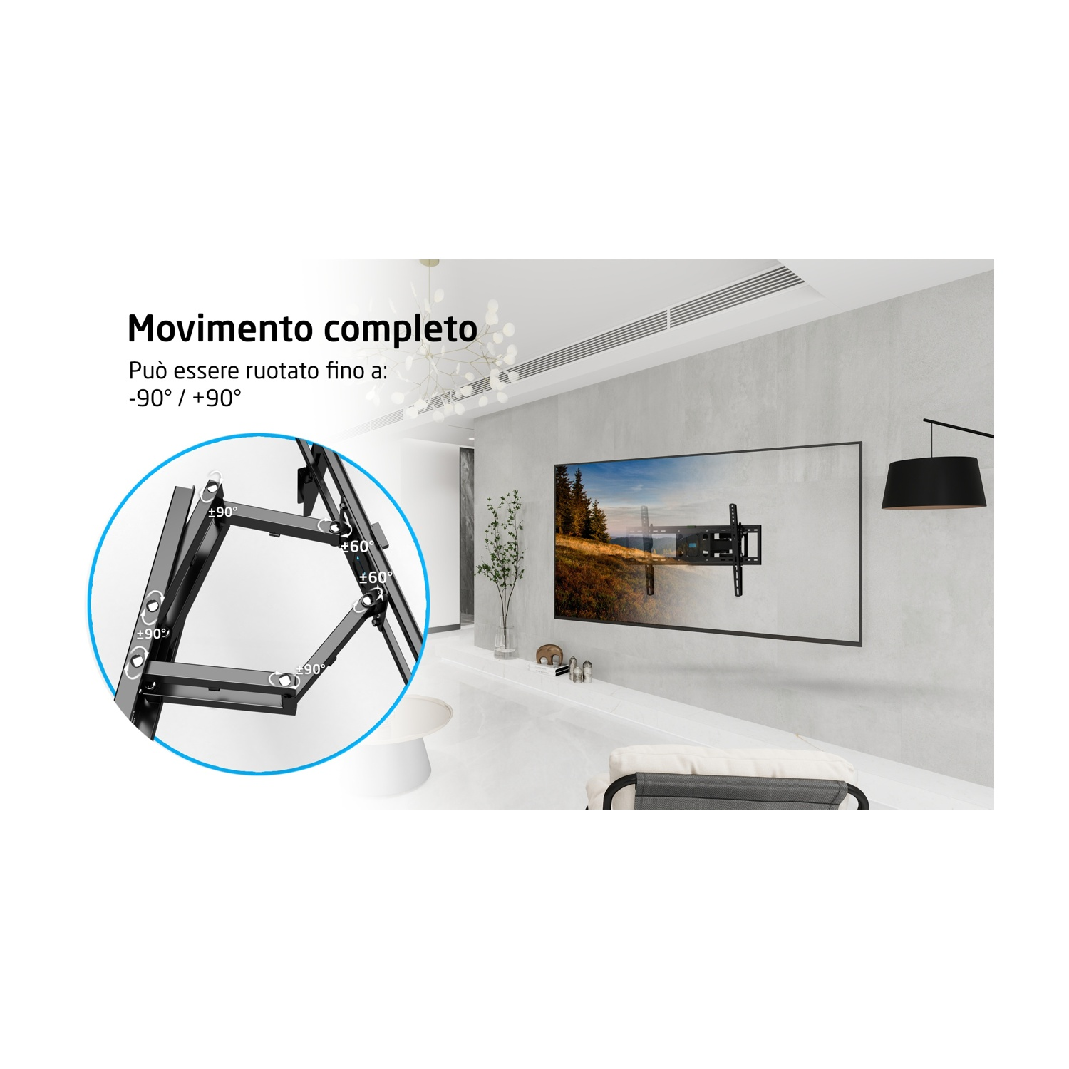 Supporto TV con bracci rotanti, montato a parete. Mostra vari angoli di rotazione in un diagramma.