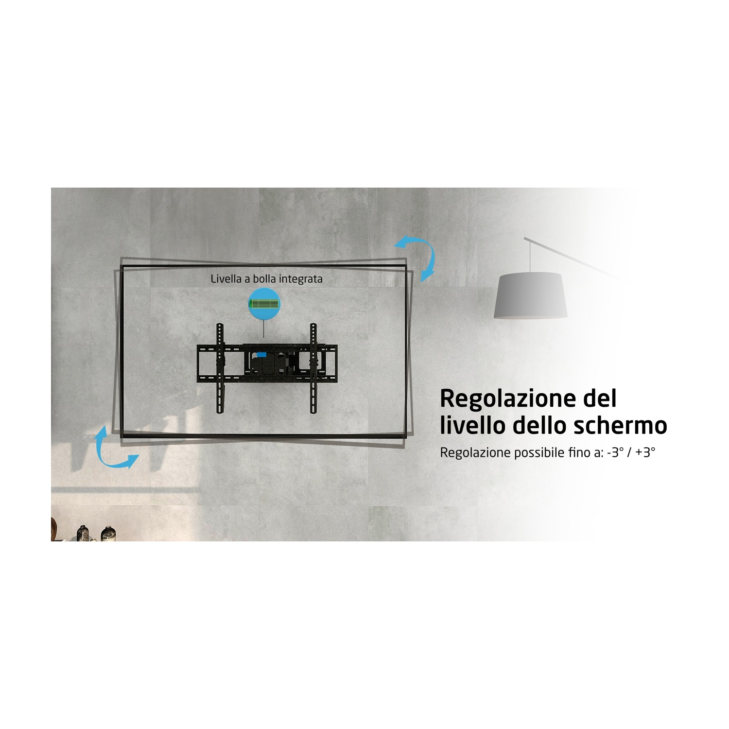 Supporto TV a parete. Il supporto TV è installato e ci sono istruzioni per livellare lo schermo.