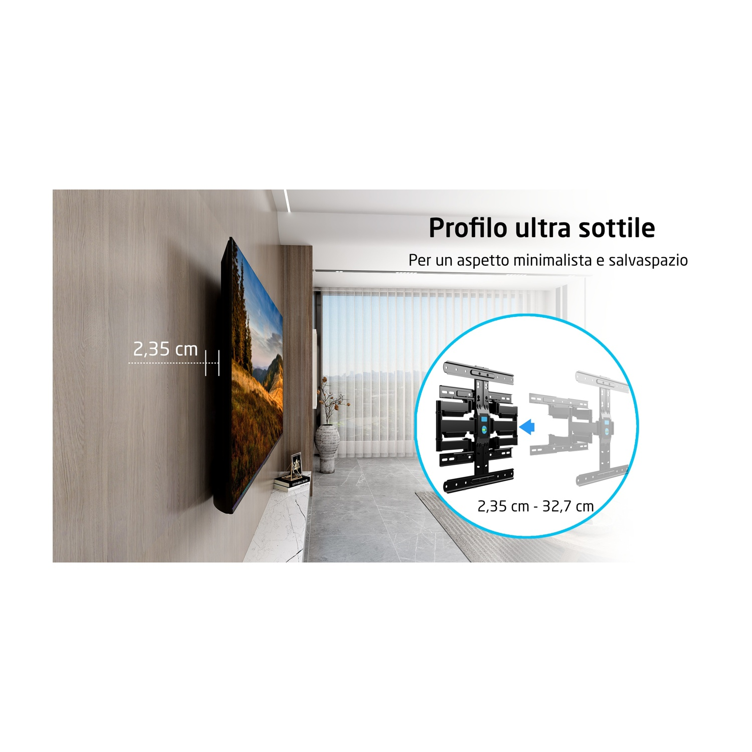 Una TV montata a parete, con staffa, che mostra il testo sul profilo sottile e il design salvaspazio.