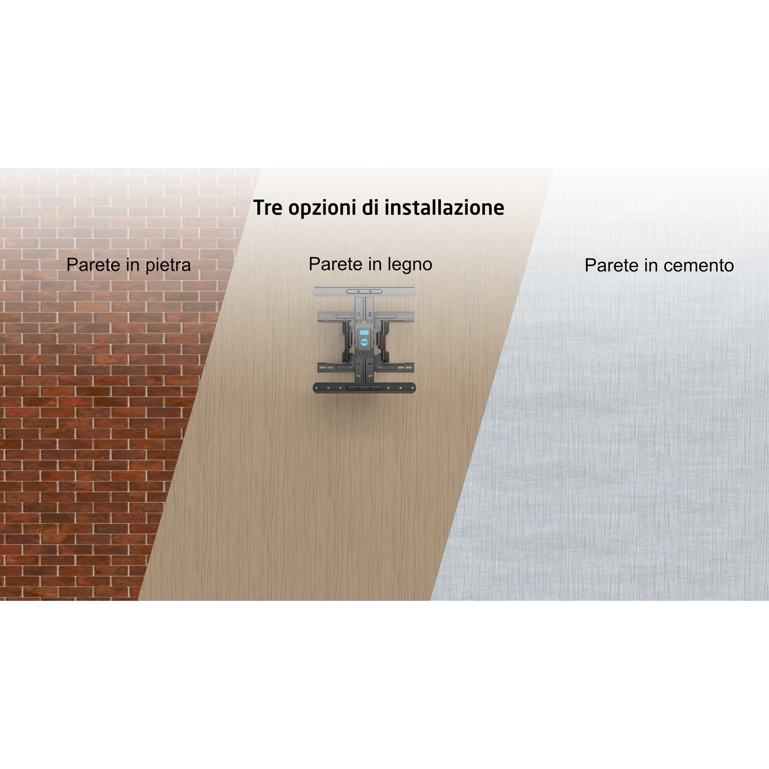 L'immagine mostra tre opzioni di installazione a parete: pietra, legno e cemento, con supporto TV.