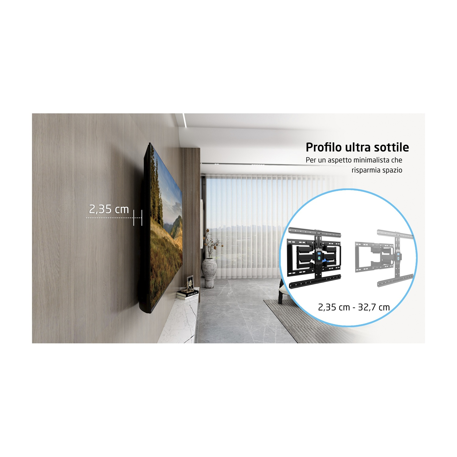TV a parete, 2,35 cm. Diagramma mostra staffa. Testo: Profilo ultrasottile per risparmiare spazio.