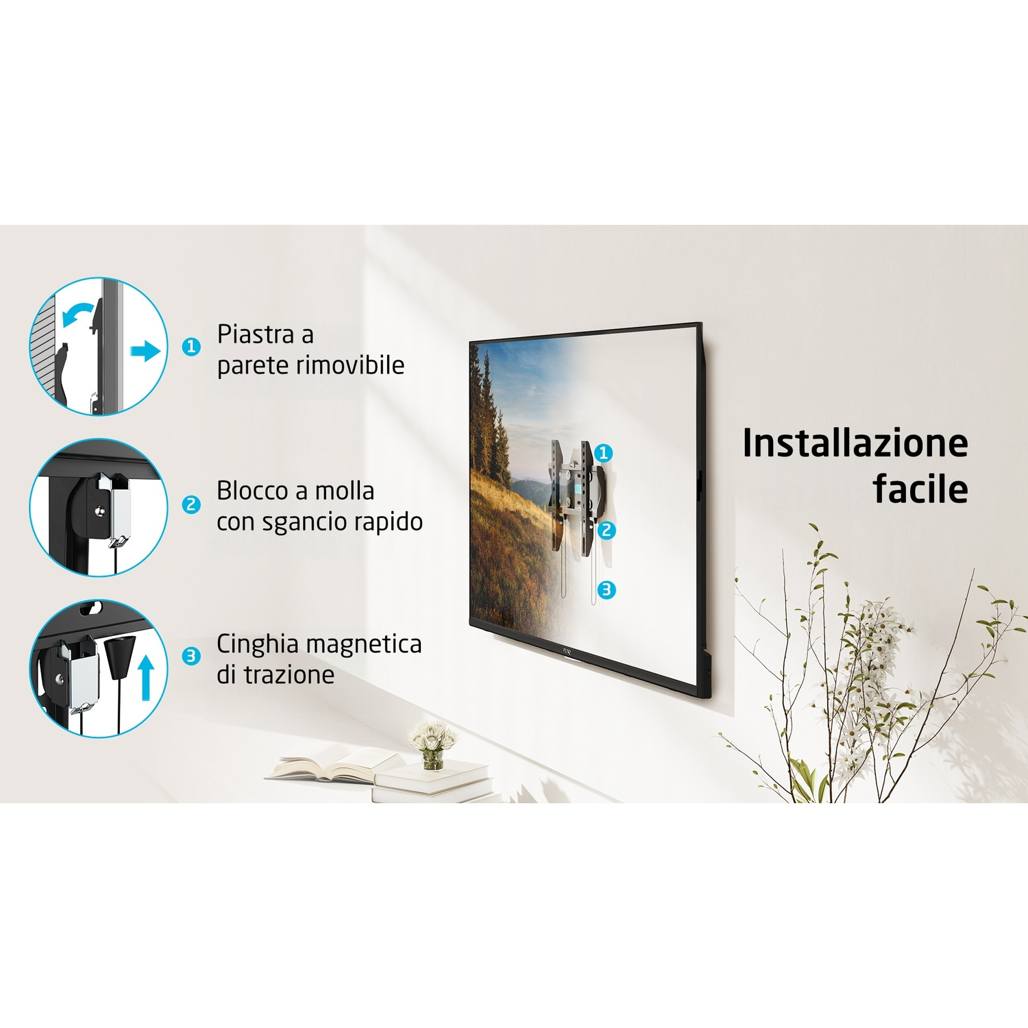 Istruzioni per montare un televisore a parete, con diagrammi e testo.