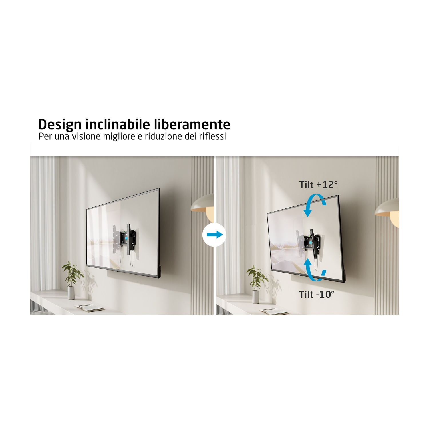 TV a parete con design inclinabile, con frecce.