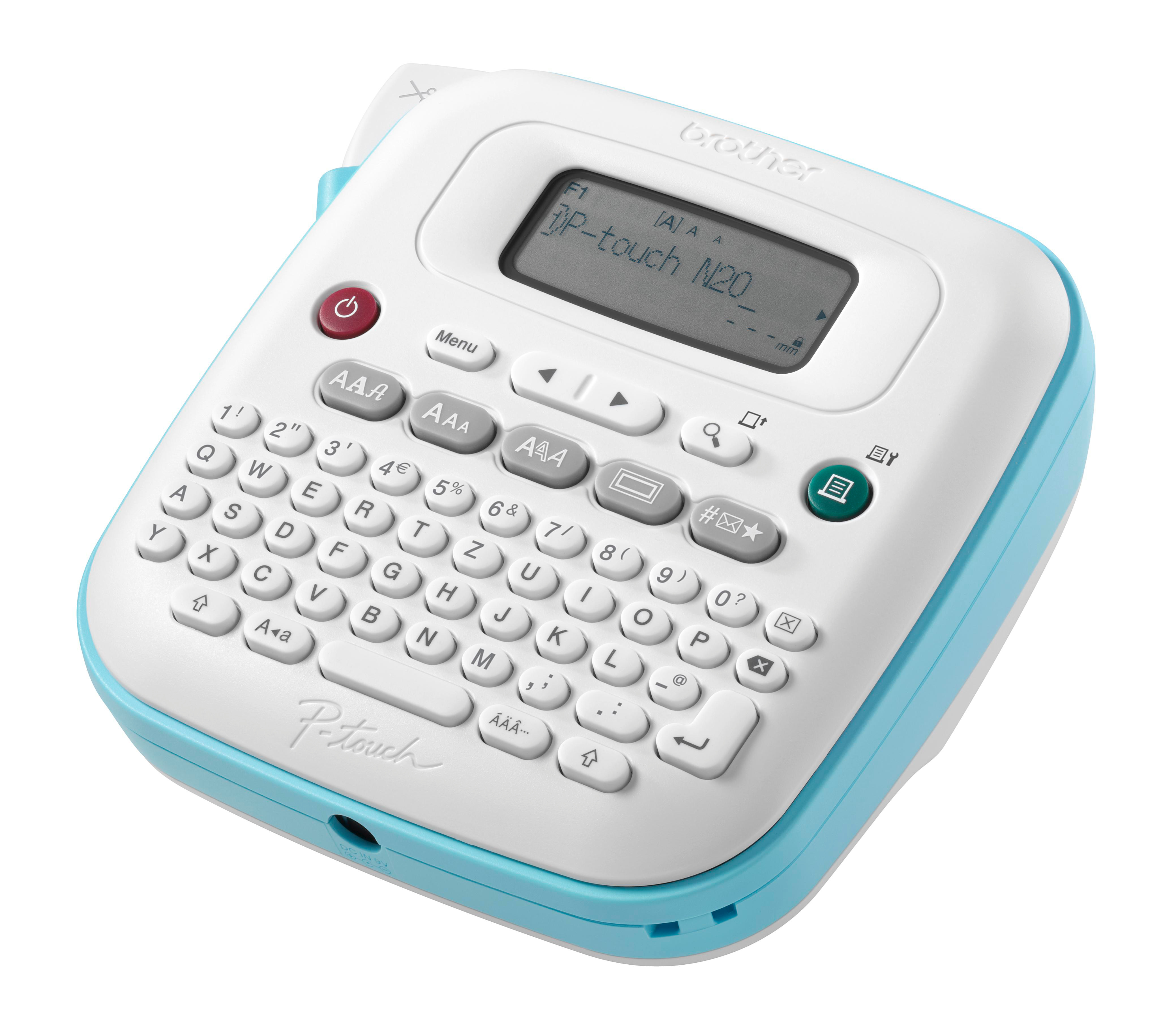 Weiß-blauer Etikettendrucker mit Tastatur und Bildschirm. Isoliert auf weißem Hintergrund.