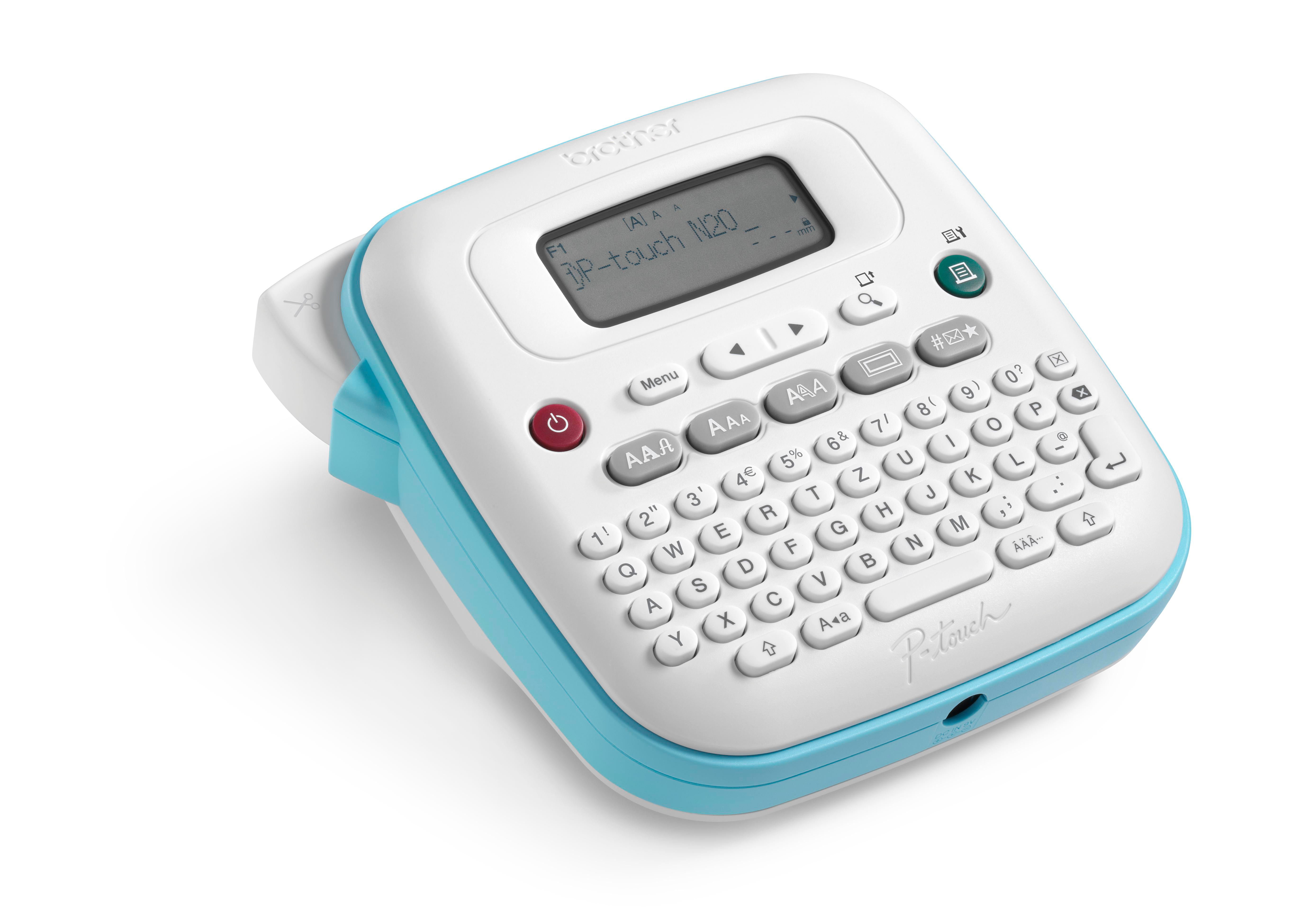 Weiß-blauer Etikettendrucker mit Bildschirm und Tastatur. Er befindet sich auf weißem Untergrund.