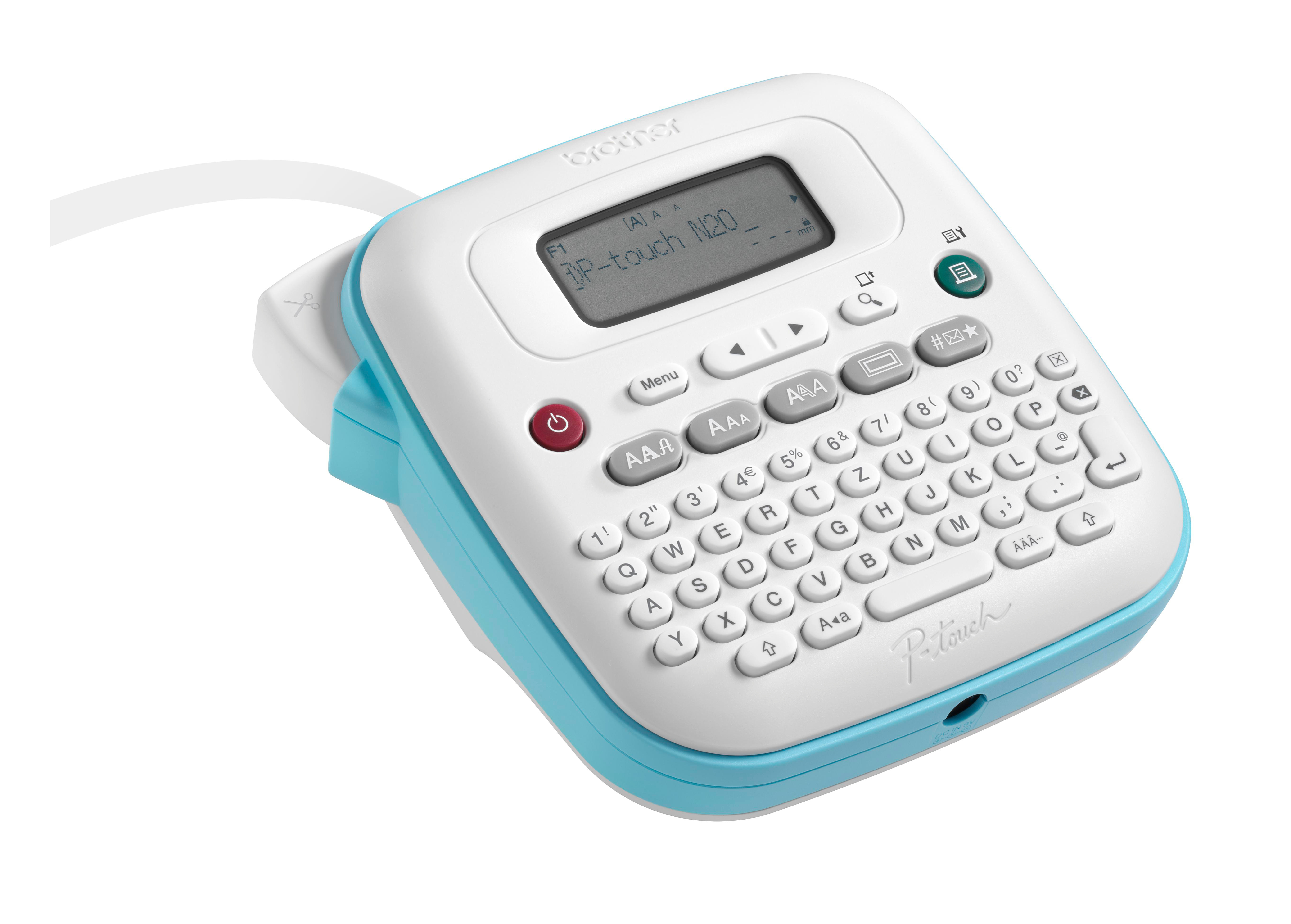 Ein weiß-blauer Brother-Etikettendrucker mit kleiner Tastatur und Bildschirm.