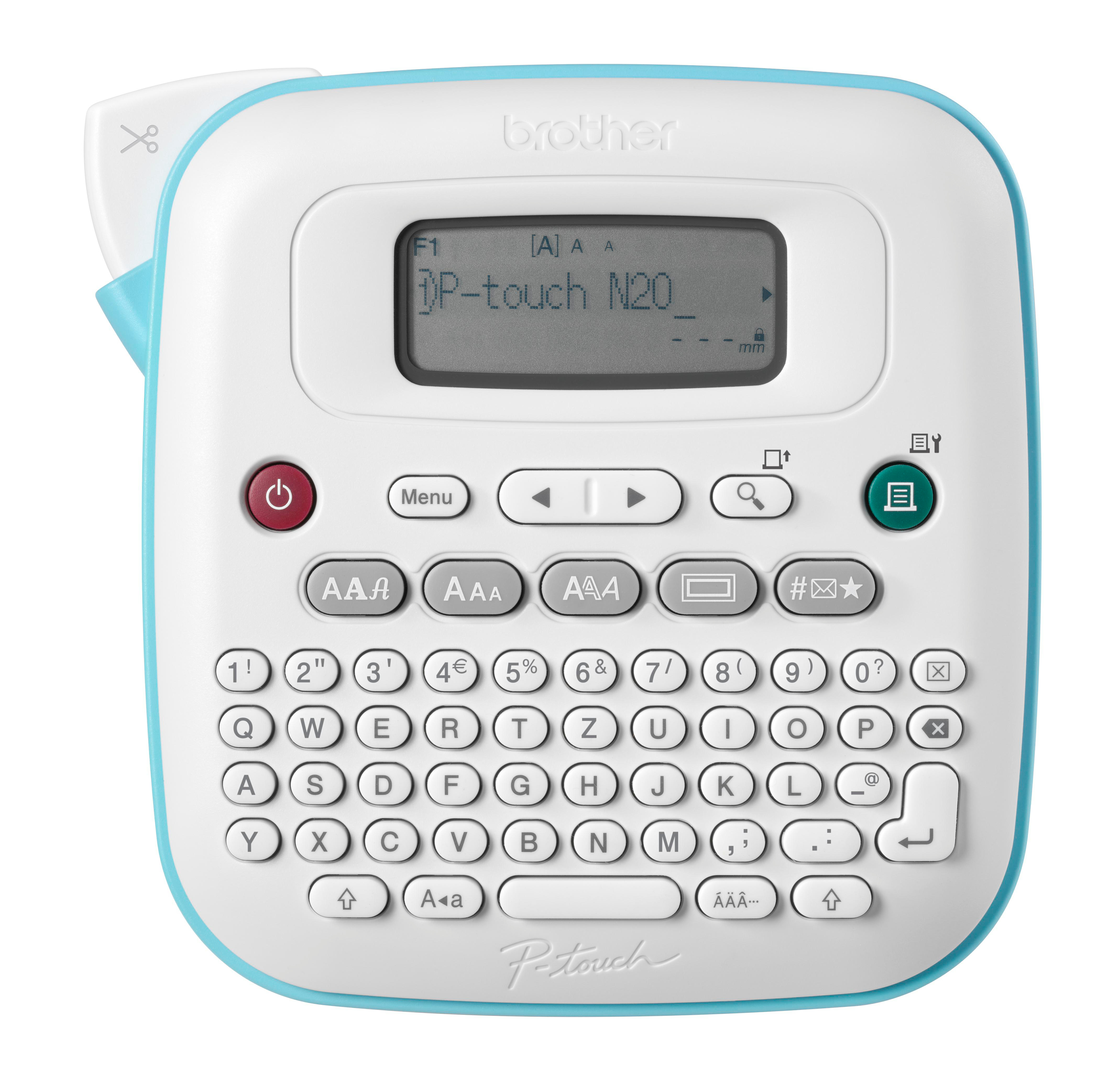 Ein Brother P-touch Etikettendrucker, weiß und cyan, mit Tastatur und Display.