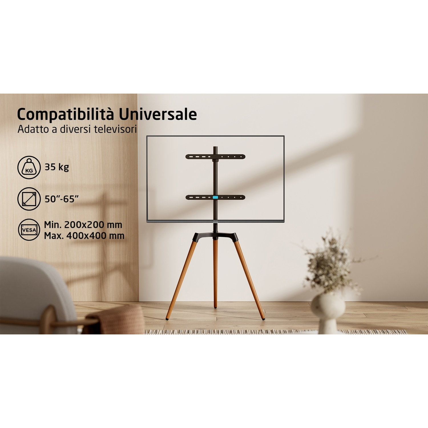 Un supporto TV con telaio nero e gambe in legno regge un televisore.
