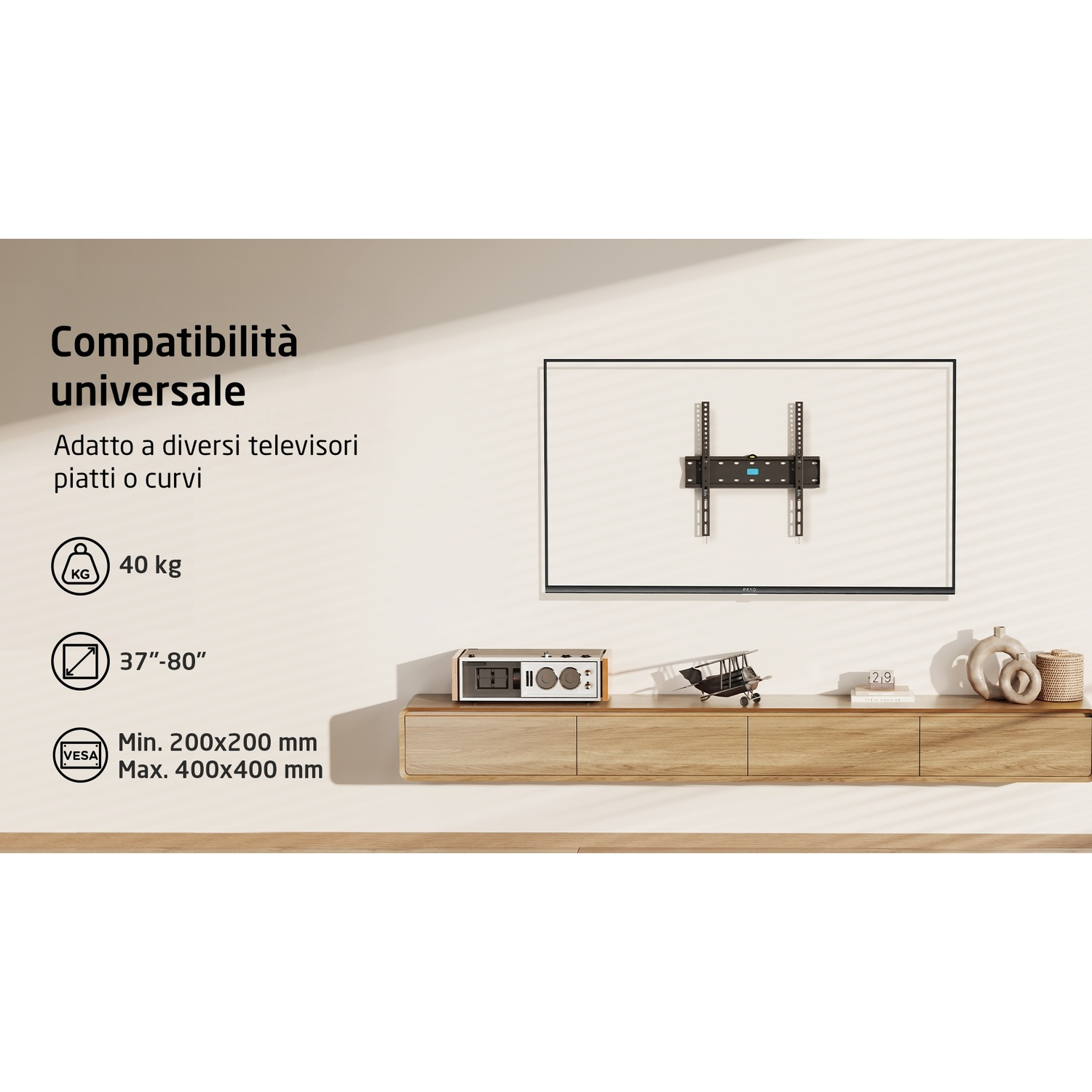 Supporto TV a parete, TV, mensola, info prodotto.