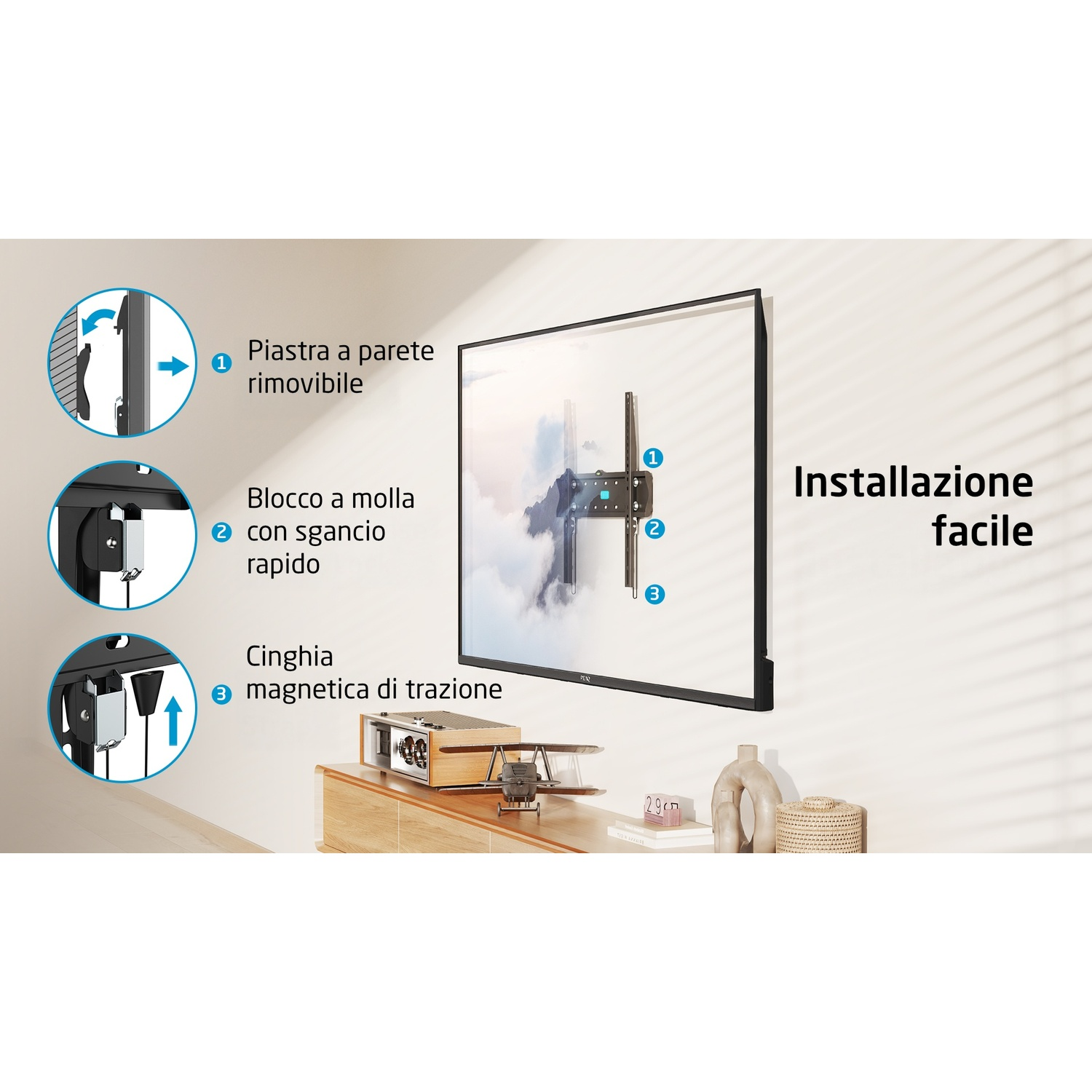 Guida all'installazione del supporto a parete per TV. Mostra TV, piastra di montaggio, blocco a molla e cinghia magnetica.