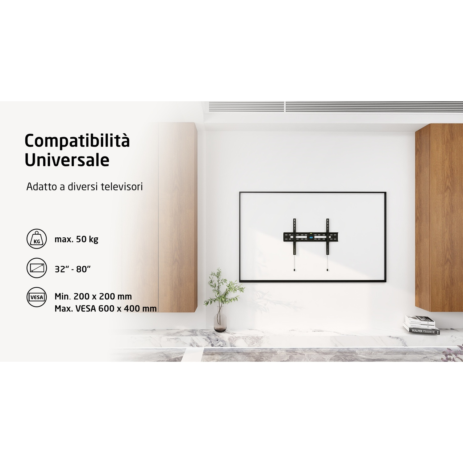 Un supporto a parete per TV. È su un muro e mostra una TV appesa.