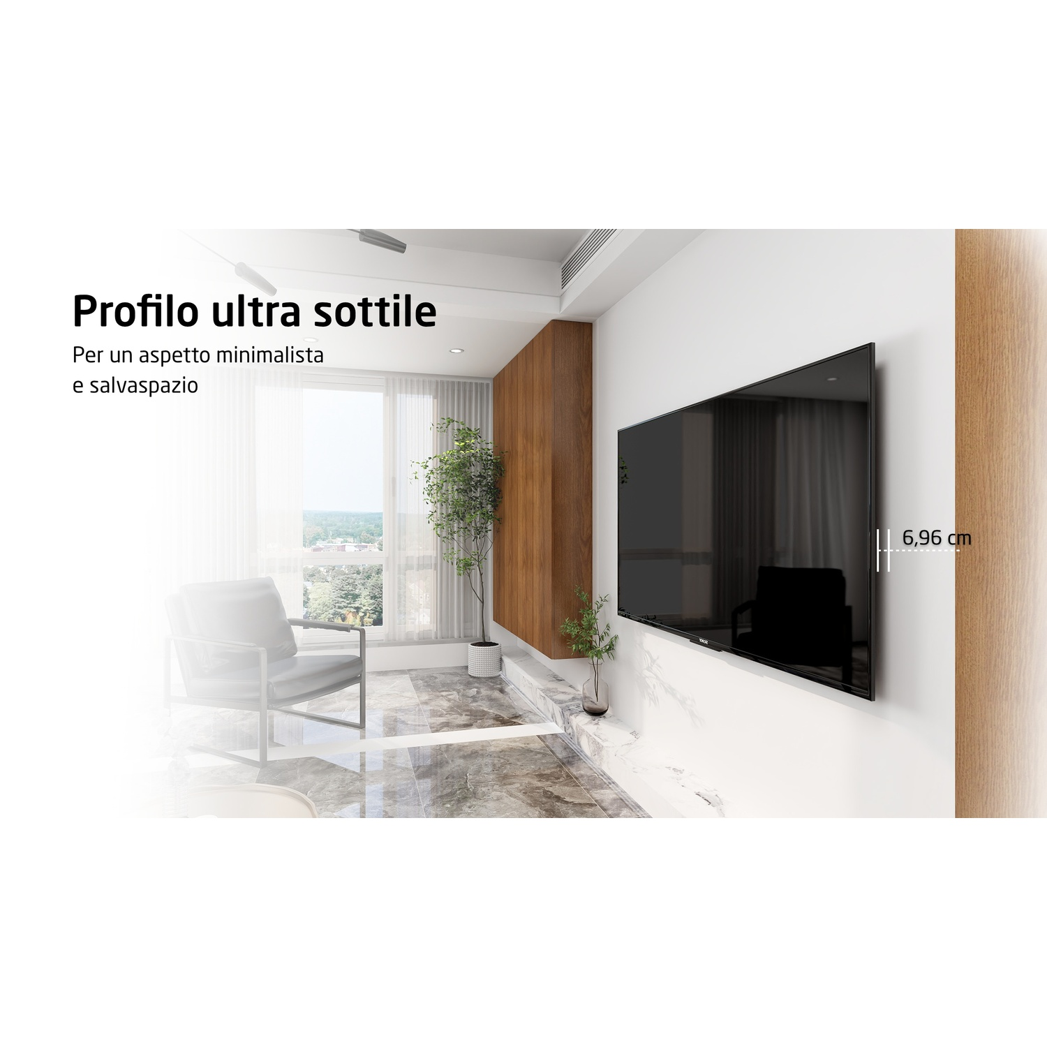Soggiorno moderno con grande TV a parete e design minimalista.
