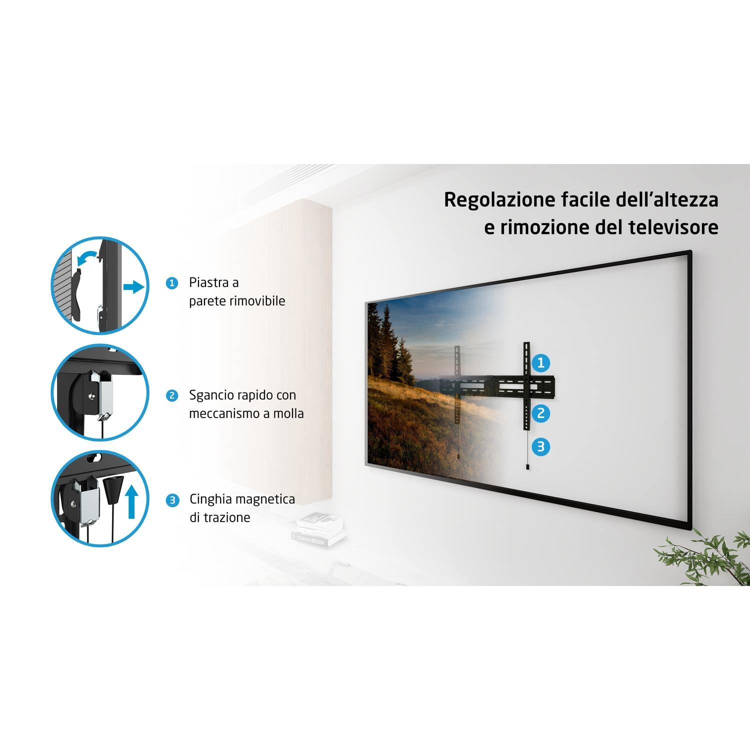 Diagramma che mostra l'installazione del supporto a parete TV. Include TV, staffa e istruzioni. Sfondo è un muro e testo.
