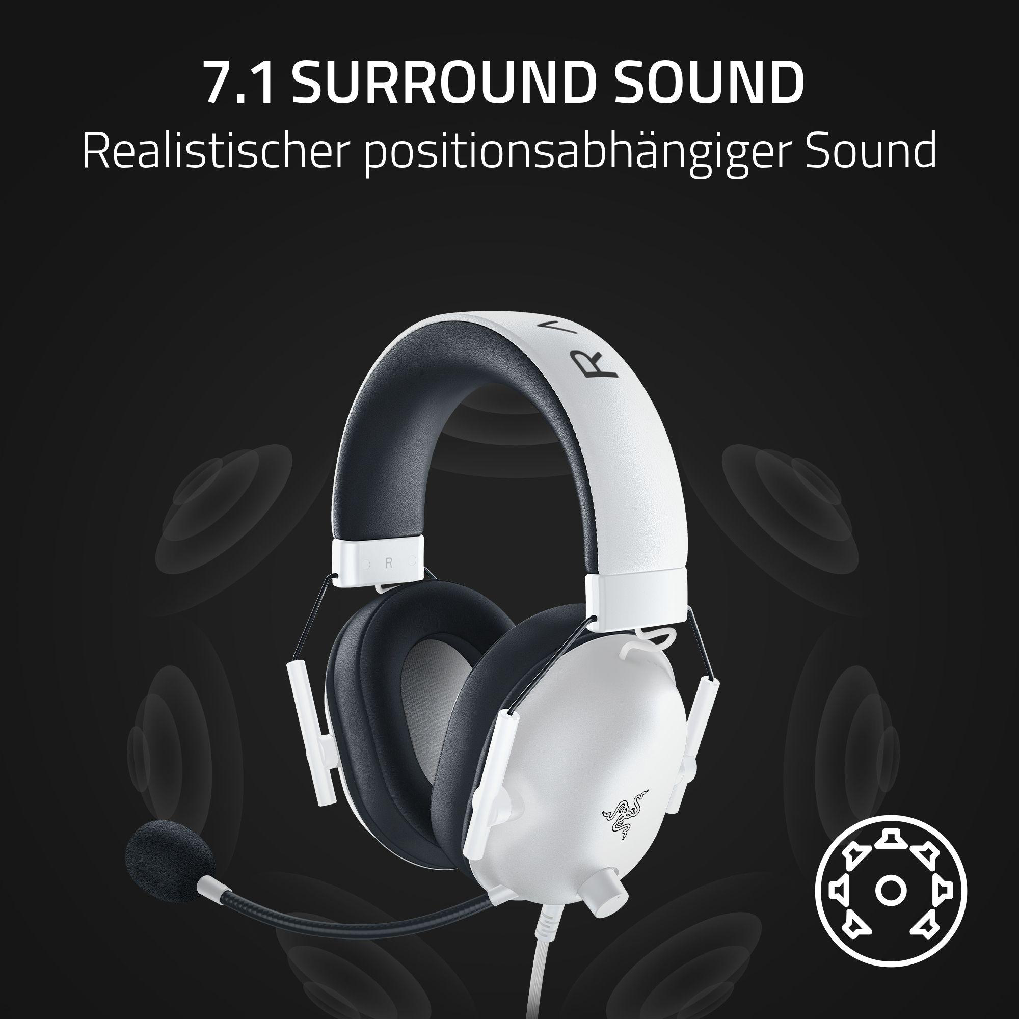Weiße Razer-Kopfhörer mit Mikrofon, mit Schallwellen-Grafiken im Hintergrund.