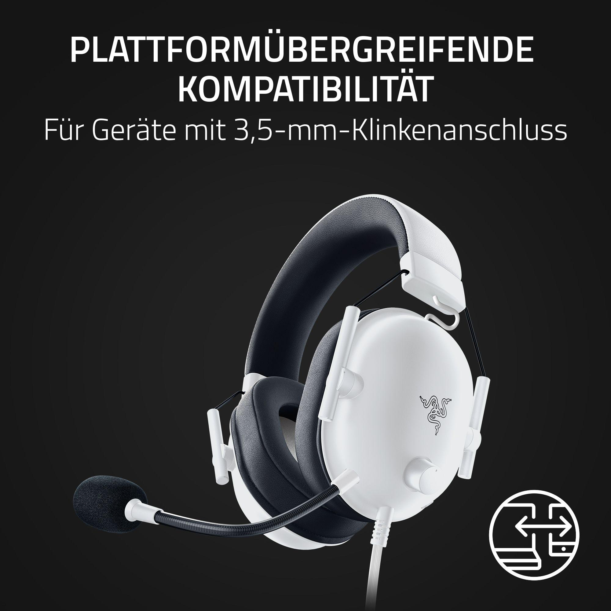 Weißes Headset mit Mikrofon. Text im Bild besagt plattformübergreifende Kompatibilität.