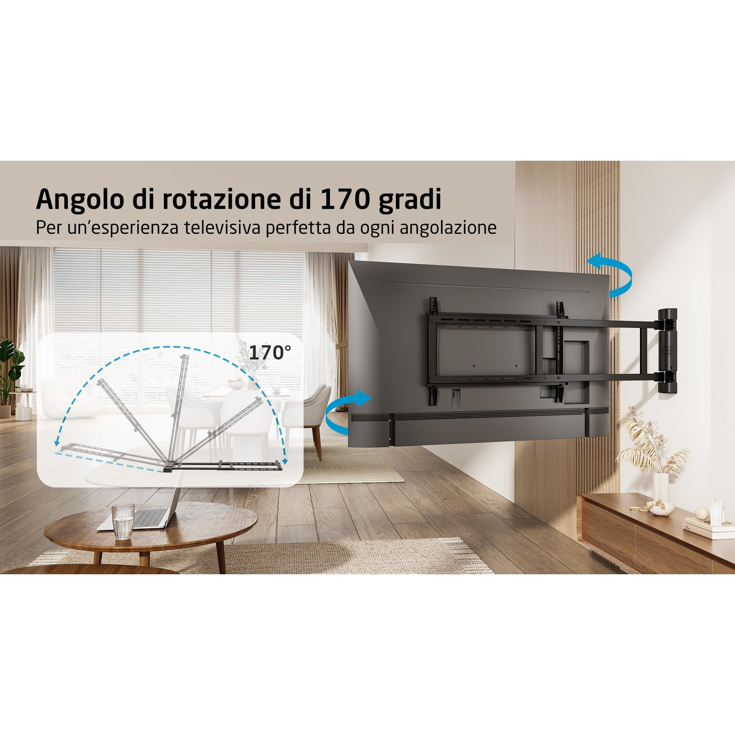 Una TV su una staffa, che mostra un angolo di rotazione di 170 gradi.