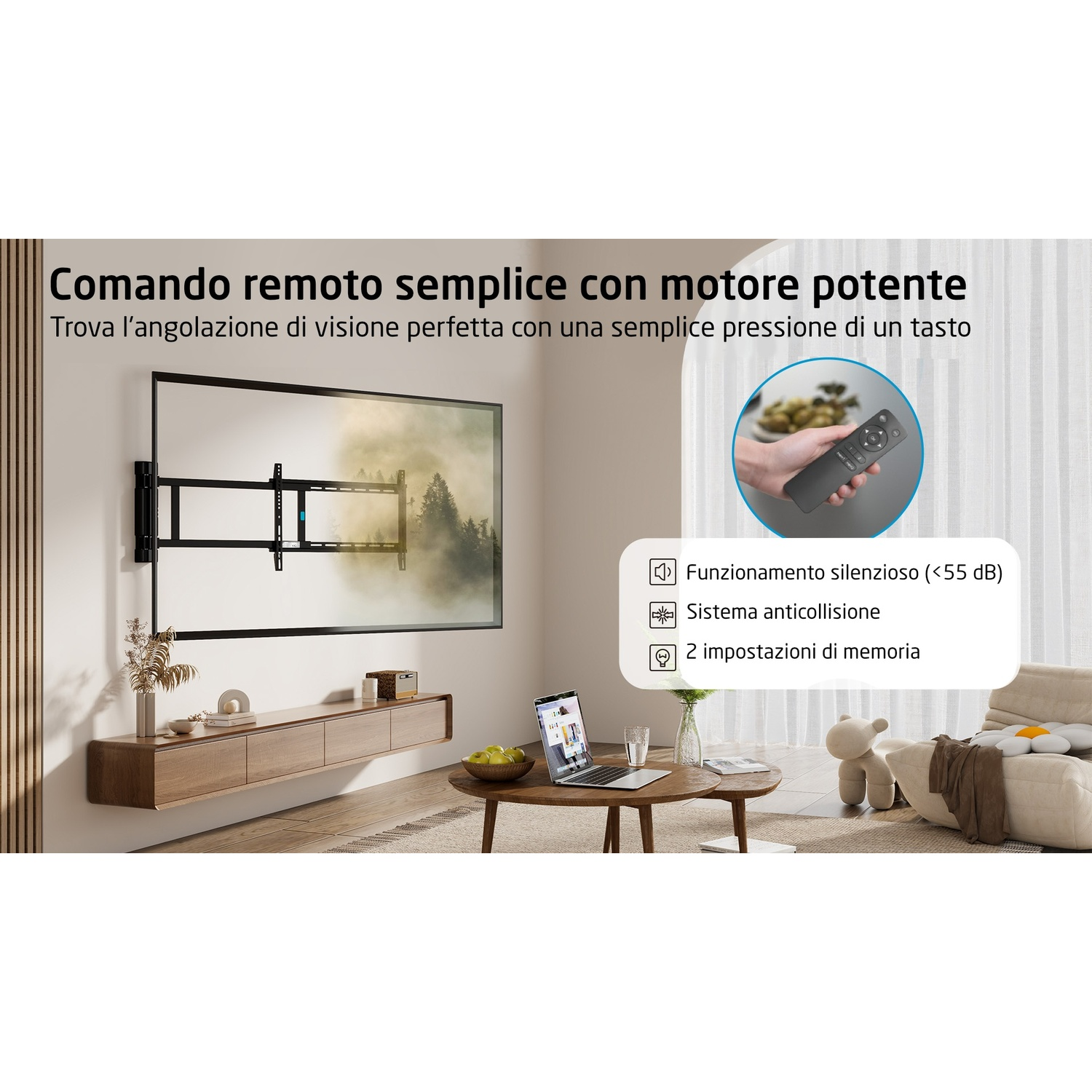 TV montata a parete con telecomando, tavolo e divano, in una stanza.