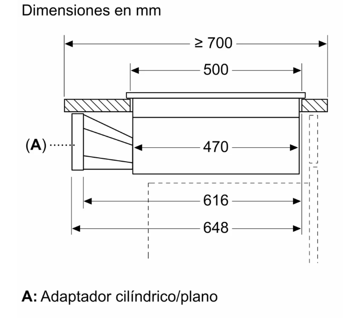 Diagrama muestra dimensiones en mm de un electrodoméstico de cocina empotrado, con etiquetas y medidas.