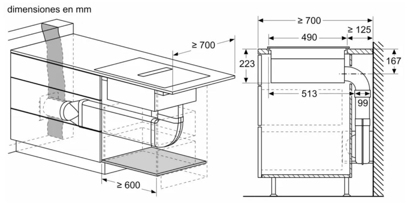 Diagrama de un electrodoméstico de cocina con dimensiones en milímetros.