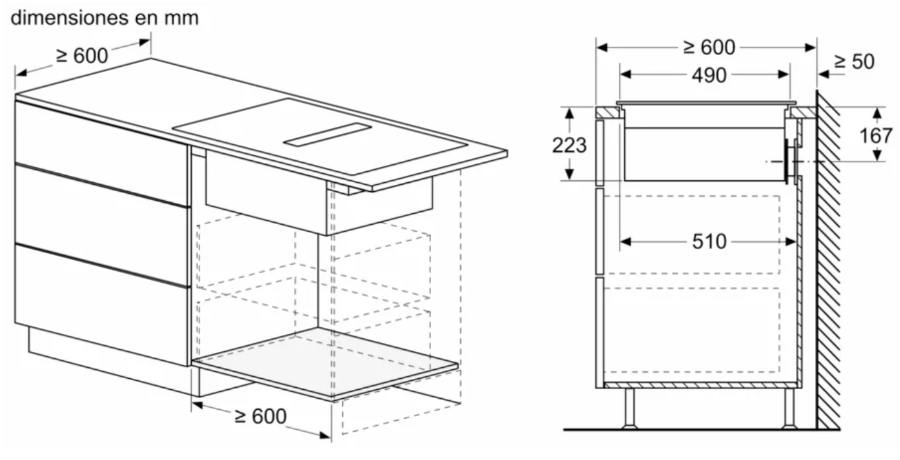 Dibujo técnico de una unidad de cocina con dimensiones.