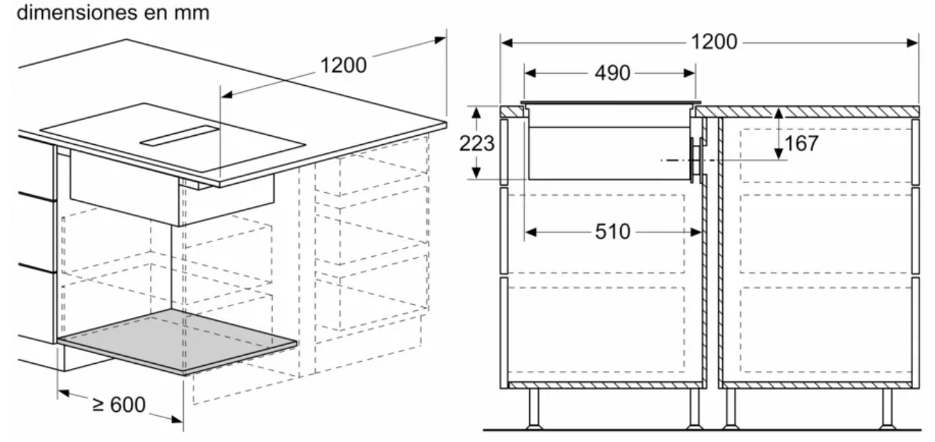Diagrama de encimera de cocina con dimensiones. Contorno de gabinetes y medidas en milímetros visibles.