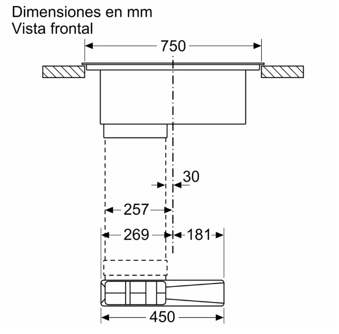 Diagrama que muestra dimensiones de electrodoméstico de cocina. Vista superior, medidas en mm.