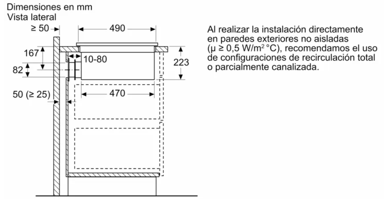 Diagrama de un electrodoméstico empotrado con dimensiones en mm.