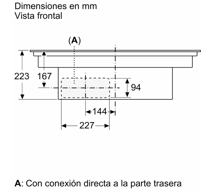 Dibujo técnico de una placa de cocina negra con dimensiones.