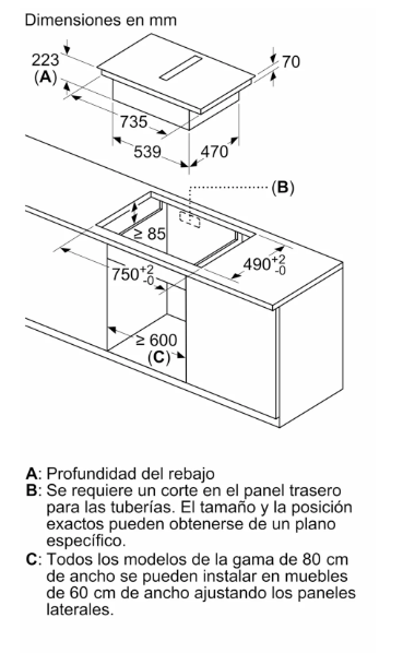Un diagrama que muestra las dimensiones de una placa de inducción.