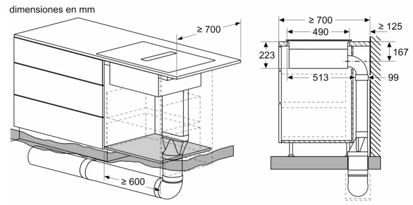 Dibujo técnico de una campana de cocina con dimensiones en milímetros.