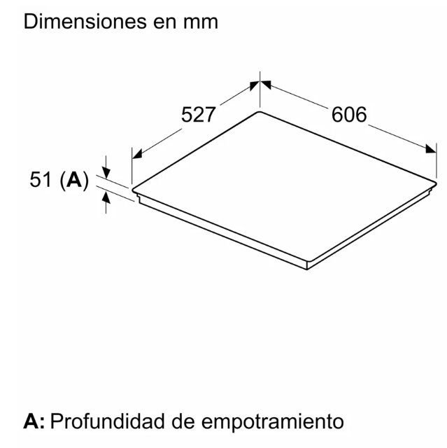 Diagrama de forma rectangular con dimensiones en mm: 527, 606 y 51.