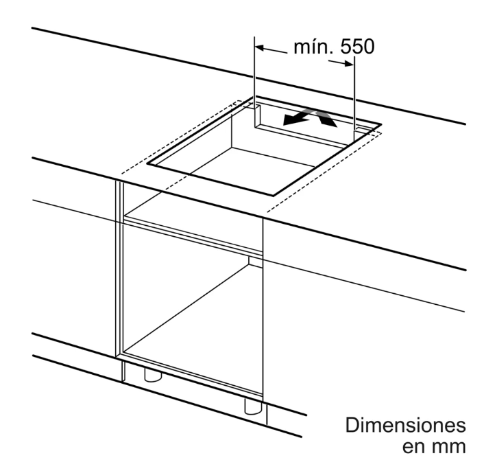 Esquema de un recorte de encimera en una encimera. Muestra dimensiones y flechas para la instalación.