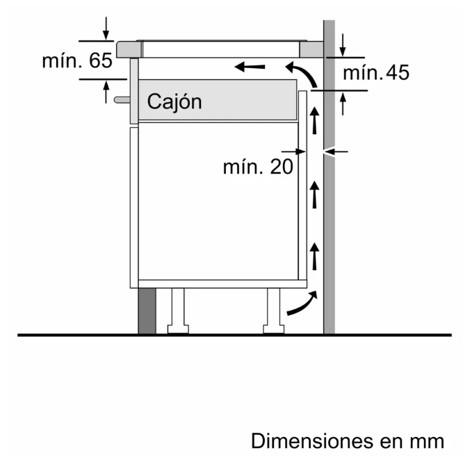 Dibujo técnico que muestra las dimensiones de un cajón.