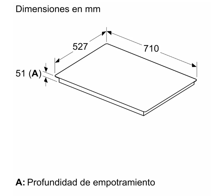 Diagrama mostrando dimensiones para instalar una encimera. Muestra largo, ancho y profundidad.