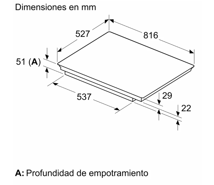 Fondo blanco con una placa de cocina rectangular negra con dimensiones y texto en español.