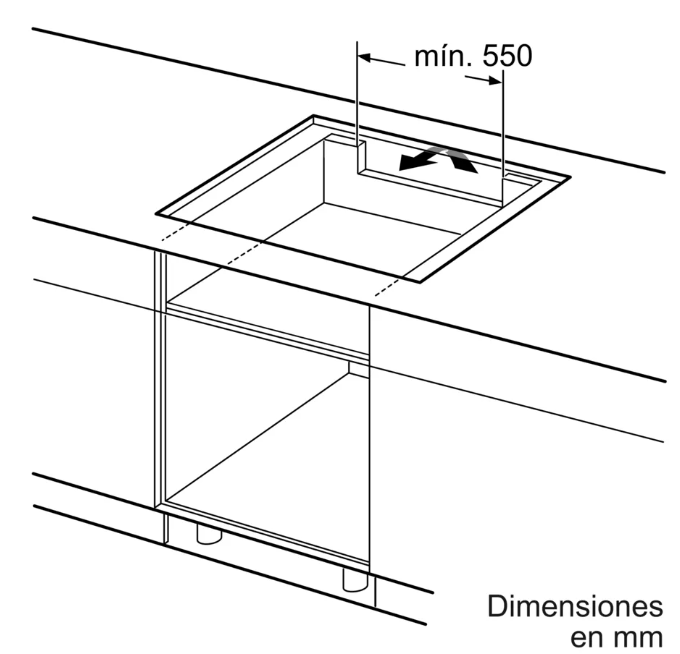 Diagrama de recorte de encimera y dimensiones. Texto en español: Dimensiones en mm.