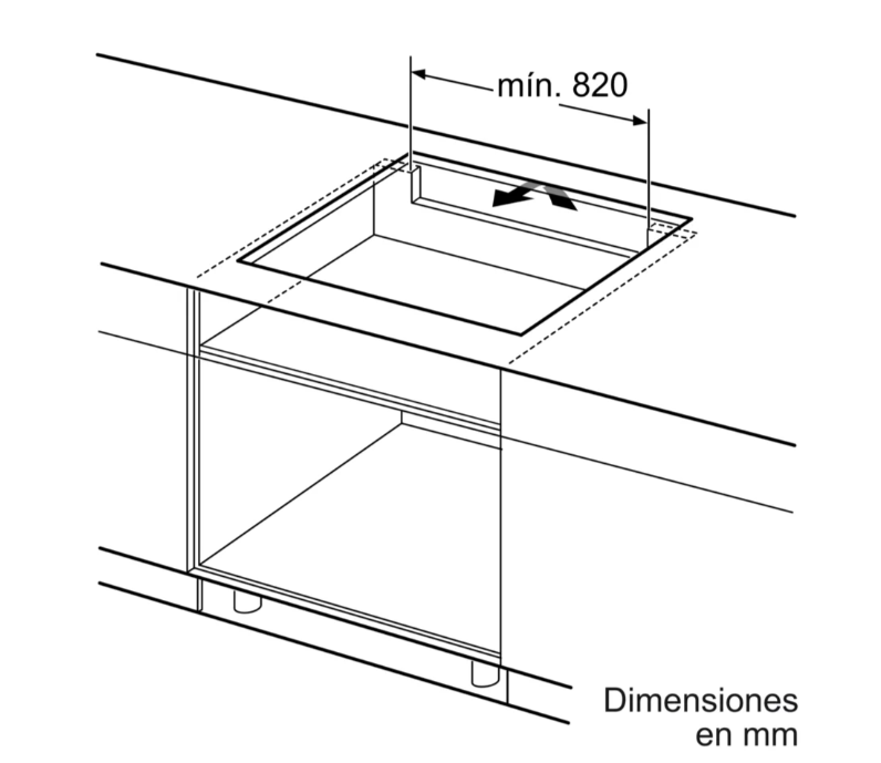 Diagrama de instalación de una placa de inducción con dimensiones en mm.