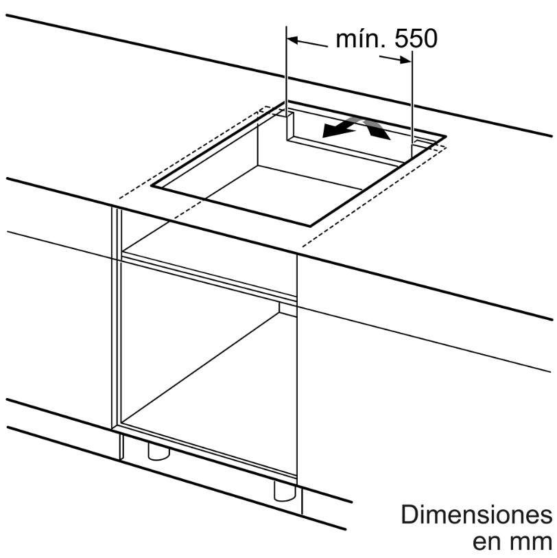 Diagrama de una placa de cocina con dimensiones, mostrando el área a cortar para la instalación.