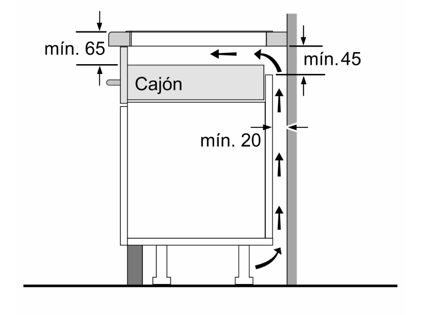 Diagrama que muestra la instalación de un cajón, con dimensiones y flechas.