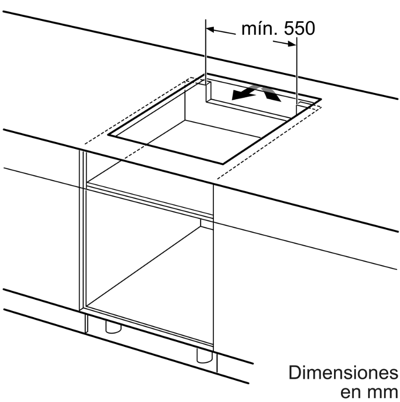 Diagrama de recorte de encimera para instalación, con dimensiones en mm.