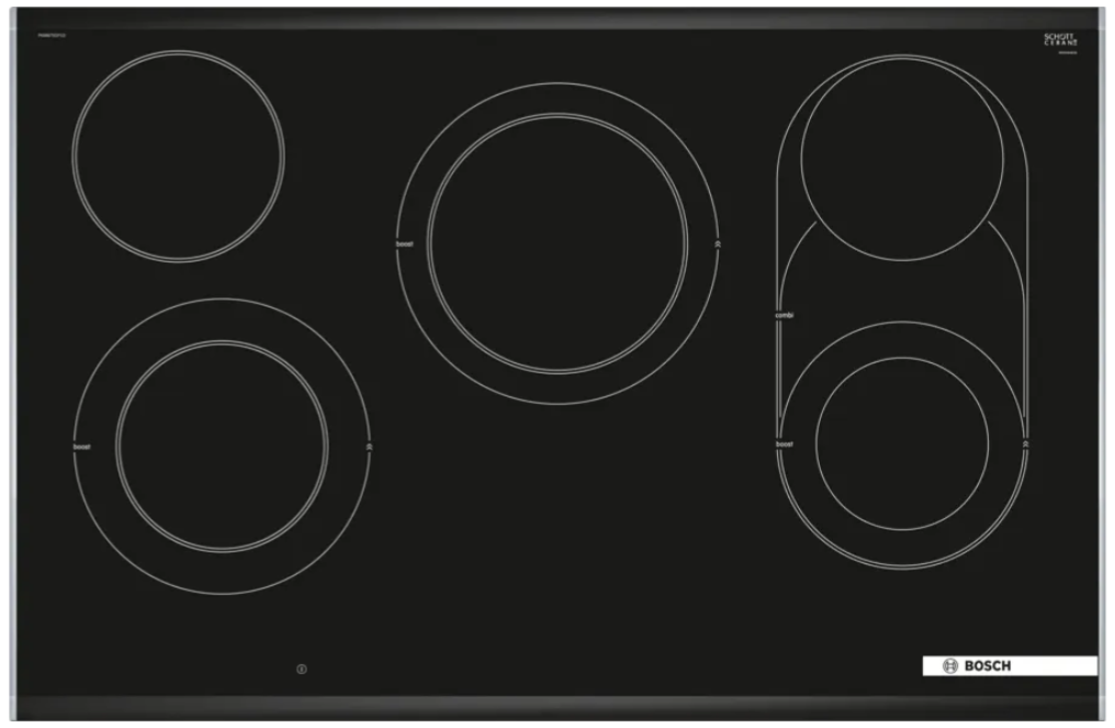 Una placa de cocina eléctrica negra con cinco elementos calefactores circulares.