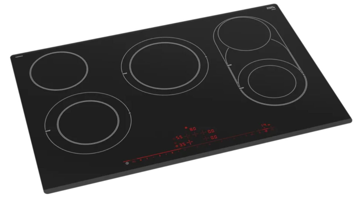 Placa de inducción negra con cinco quemadores. Pantalla roja muestra niveles de potencia. Contornos blancos sobre superficie negra.