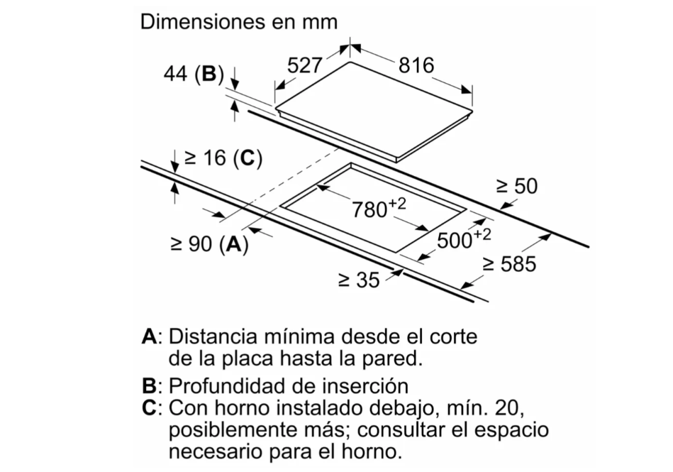 Diagrama que muestra las dimensiones y el recorte para una placa de cocina Bosch.