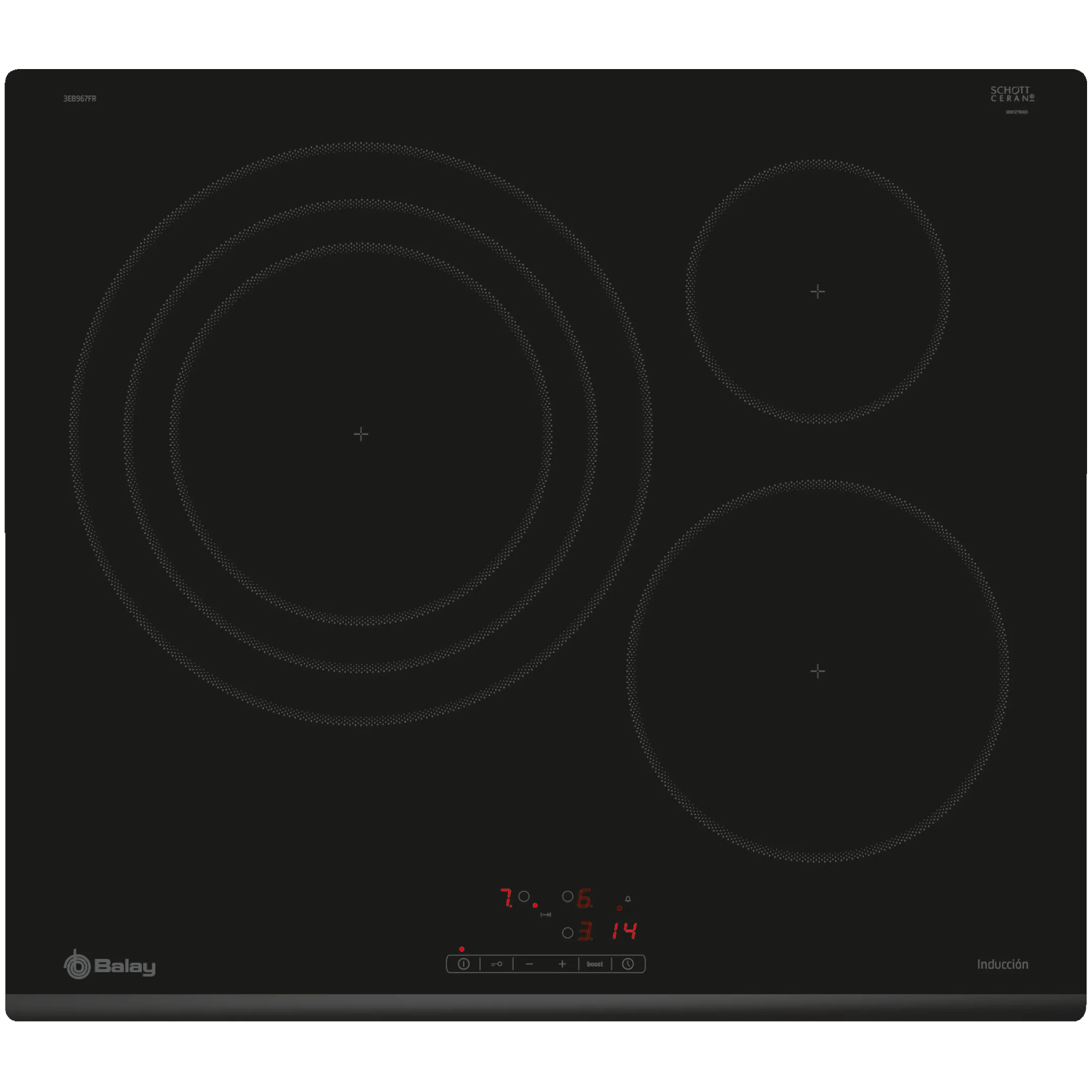 Placa de inducción negra con tres zonas de cocción y pantalla digital.