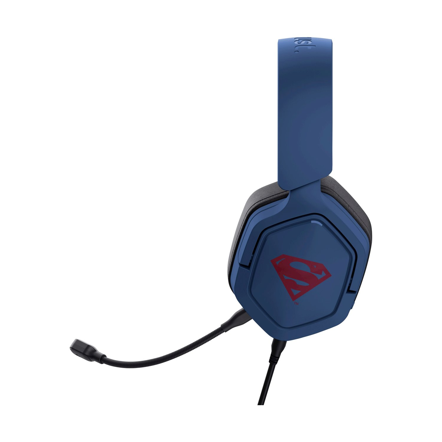 Cuffie Superman blu. Le cuffie hanno un microfono e il logo di Superman rosso sull'auricolare. Lo sfondo è bianco.