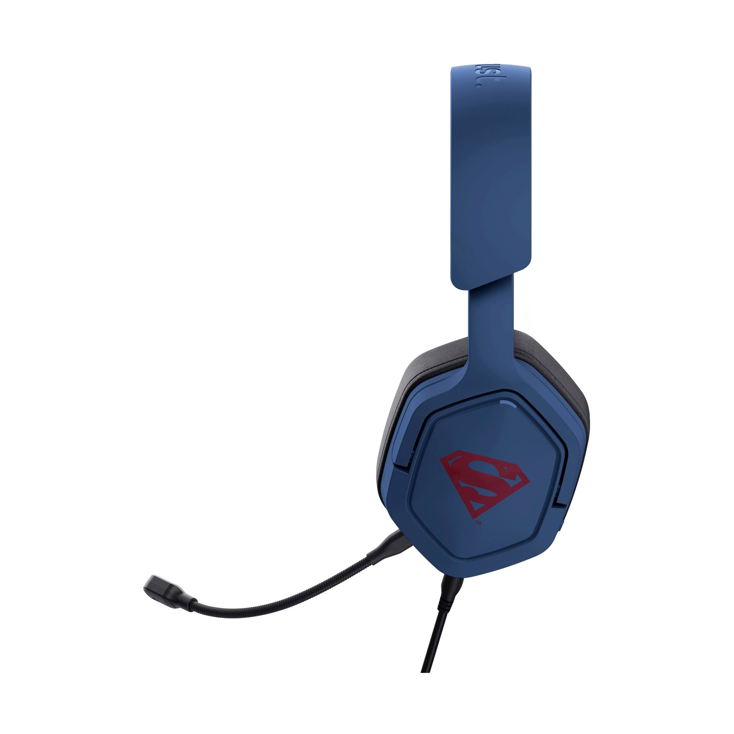 Una cuffia Superman blu è visualizzata su sfondo bianco. La cuffia ha un logo Superman rosso e un microfono nero.